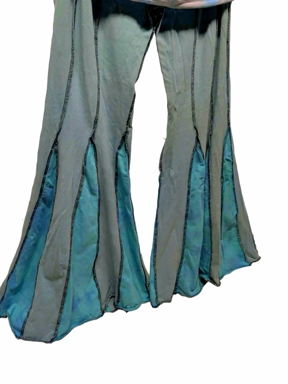 1 Of 1, Foldover Bell Bottom Tie Dye Boho High-Waist Flared Pants in Teal Blue - Picture 3 of 7